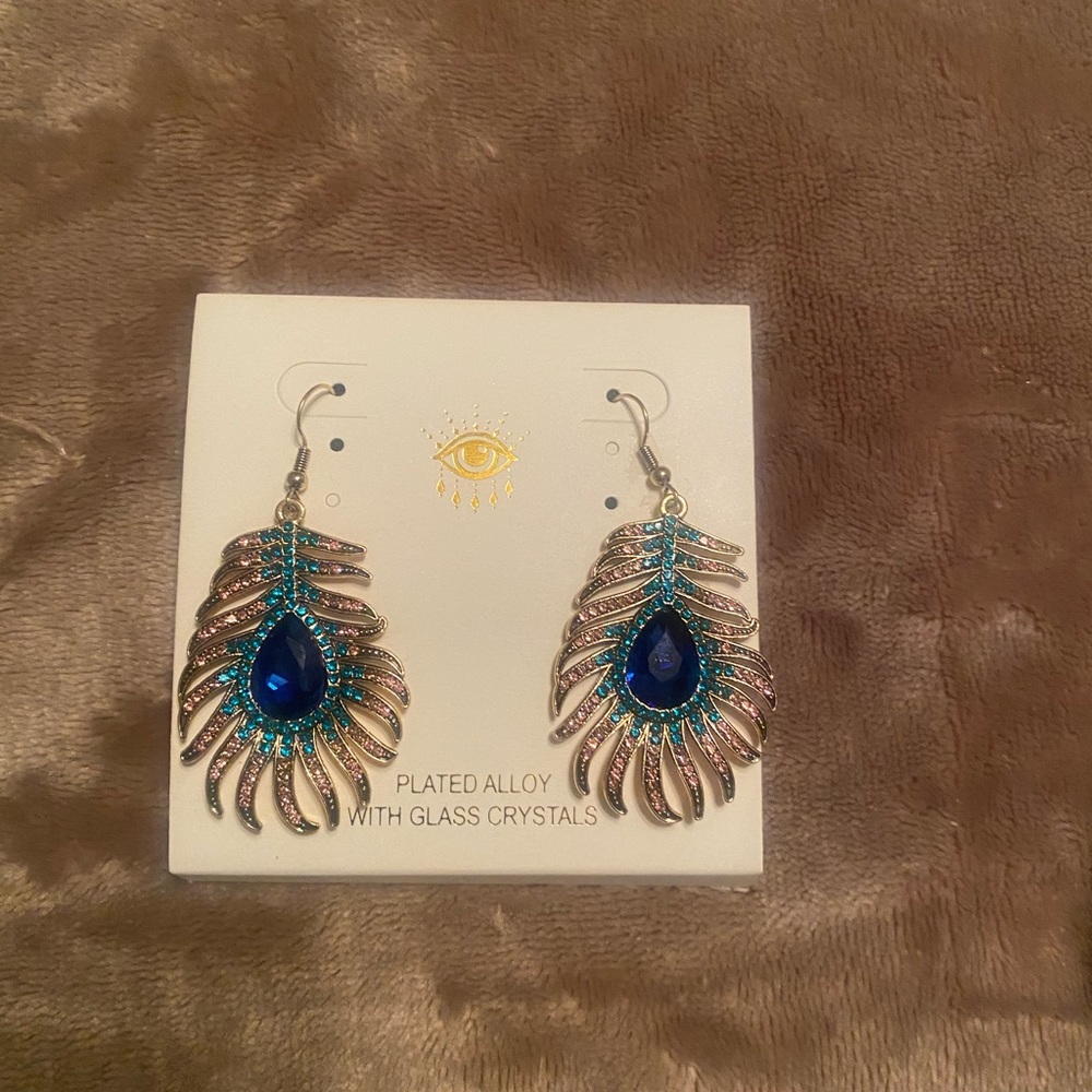EYE CANDY CRYSTAL PEACOCK FEATHER EARRINGS PLATED ALLOY